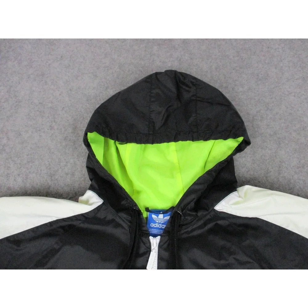 Adidas Jacket Mens Extra Large Black Green Neon Trefoil Windbreaker Hooded